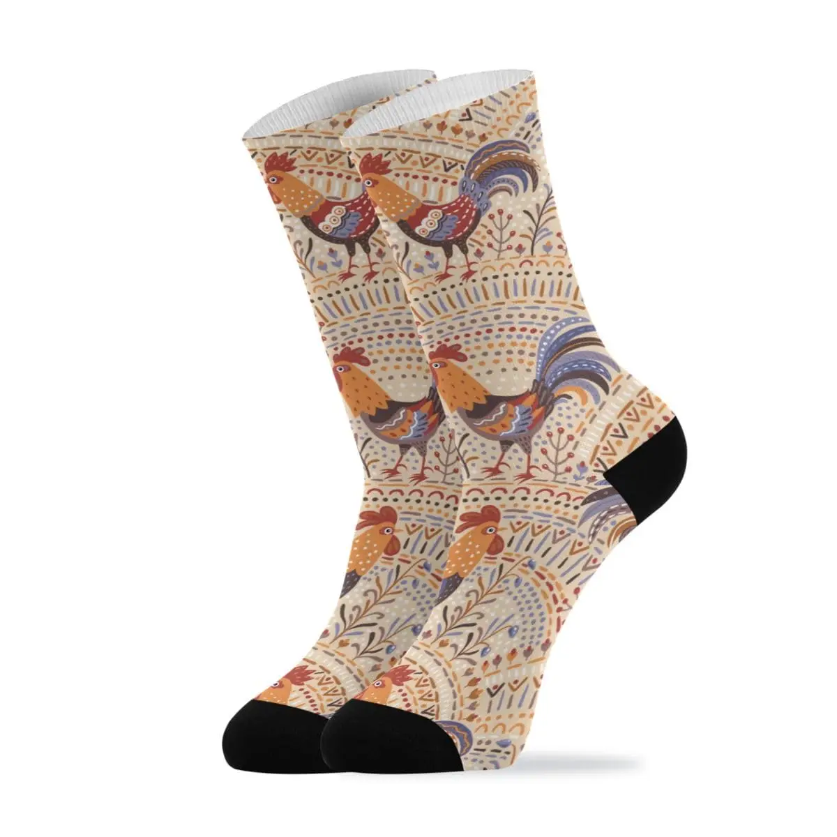 Womens Crew Socks Sports Socks Compression Socks Hiking Socks Cute Roosters Beige Tribal Print Comfort