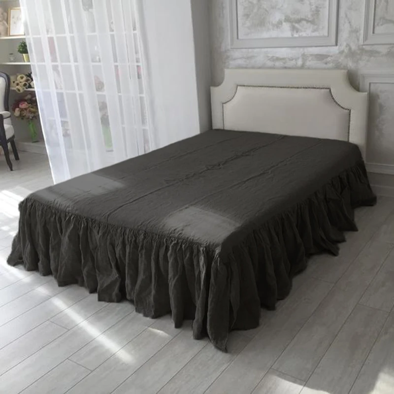 Pure Linen Dark Grey Ruffled Solid Color Bed Skirt, Bedroom Beds Cover, Bed Skirt, Non-slip Mattress Cover Bedsheet/ Bedspread