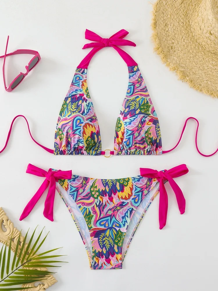 ชุดบิกินี่ผู้หญิง ลายพิมพ์ใหม่ ปี 2026 ชุดบิกินี่แบบผูกคอ เซ็กซี่ แต่งลูกไม้ ชุดว่ายน้ำฤดูร้อน เปิดหลัง ชุดชายหาด สำหรับผู้หญิง