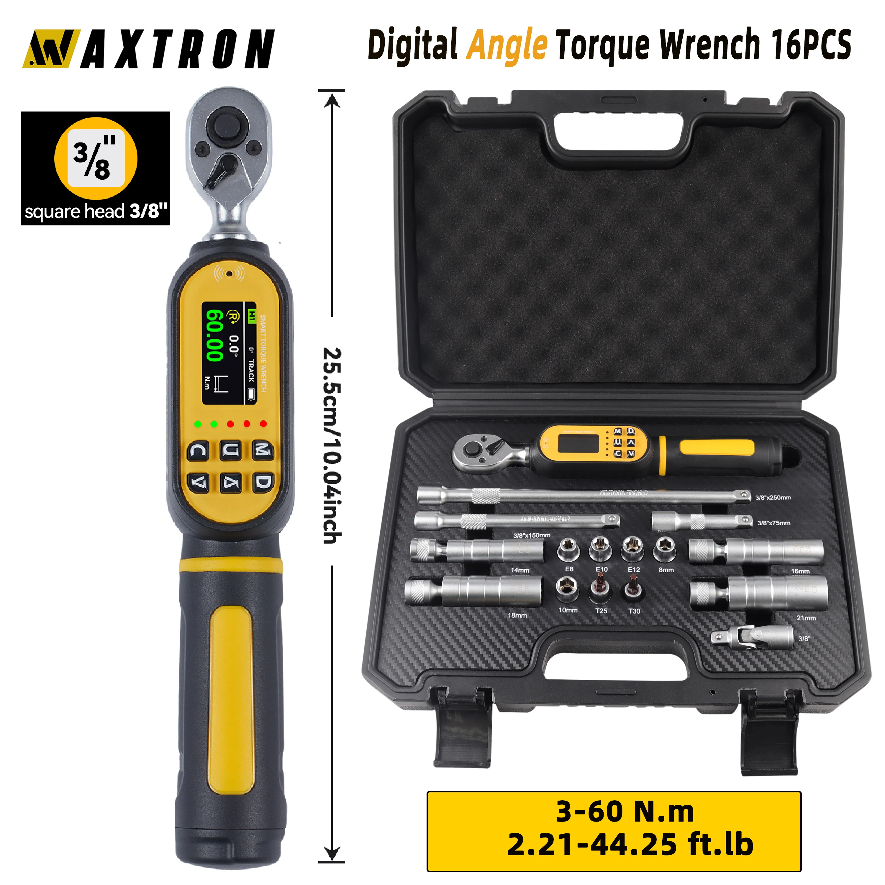 Waxtron 3/8'' Digital Angle Torque Wrench 3-60 N.m 16PCS ±2% Accuracy Spark Plug Torque Wrench For Bicycle Motorbike Auto Repair