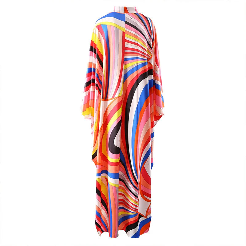 Elegant Loose Robe Dresses Autumn Women Colorful Striped Printing Fashion Batwing Sleeve Party Vacation Casual Vestidos