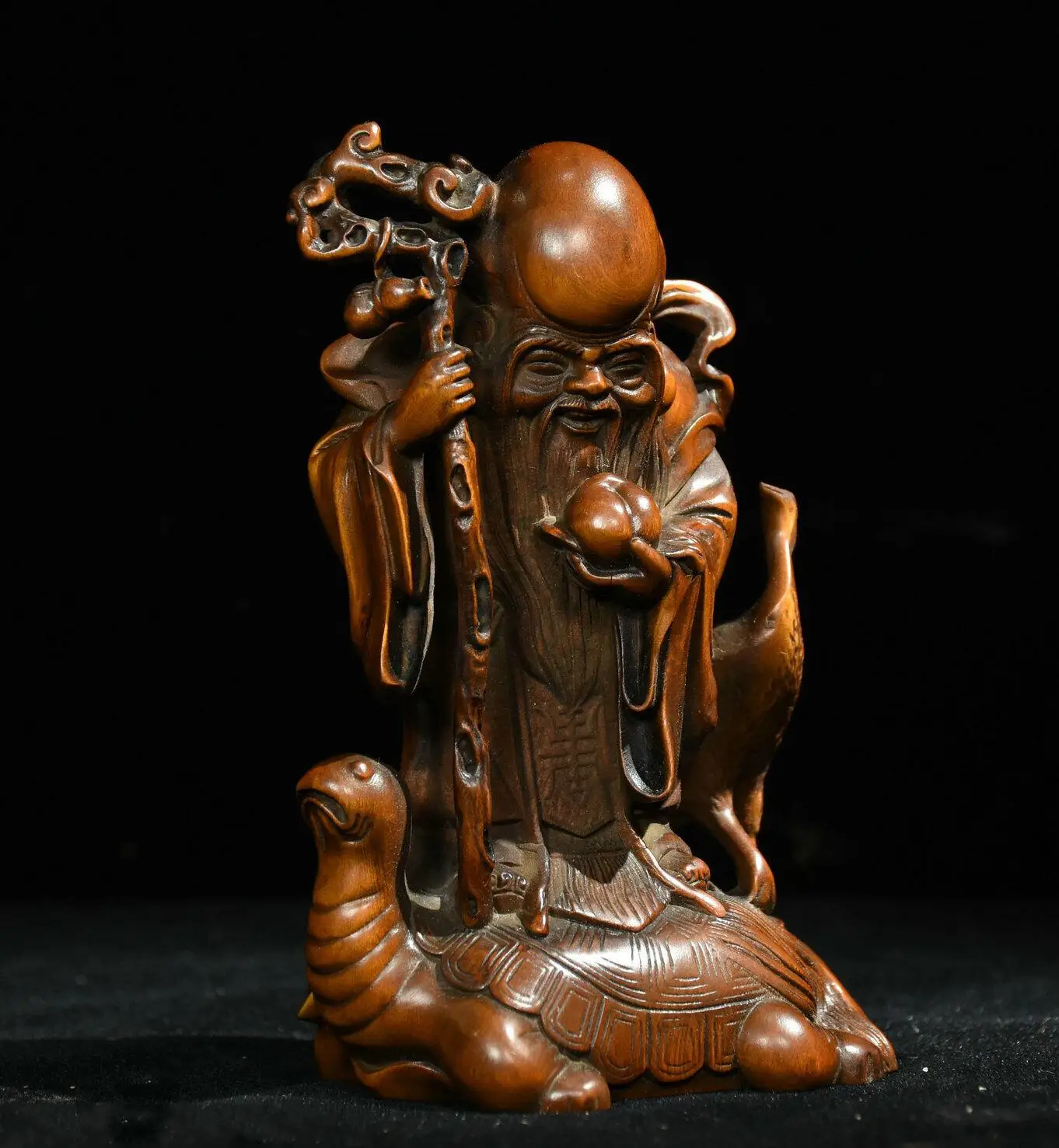 Old Chinese Boxwood Wood Carved Longevity Crane Turtle Shou Star God Statue