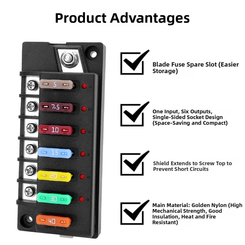 Power Distribution For RV Vehicles Fuse Holder Waterproof Holder 6 Way Blade Fuse 1-In-6-Out Design Car Audio Installations