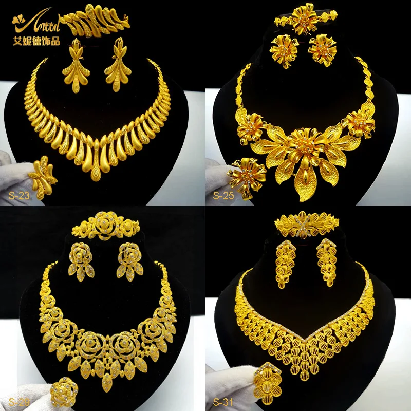 

Luxury Dubai Gold Color Bracelets rings necklace earrings 4pcs sets For Women 24K Gold Plated Bracelets Charm Wedding Jewelry