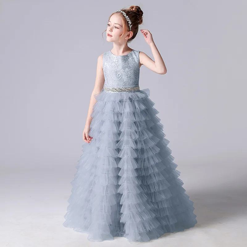 

Flower Girls Tutu Dress Very Luxury Elegant Long Prom Dress for Party Teen Girls Lace Sleeveless Princess Dresses for Ceremony