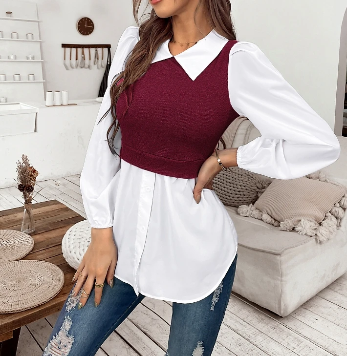 Woman Blouse 2024 Spring Casual Temperament Commuting Fake Two-Piece Turn-Down Collar Long Sleeved Button Daily Shirt Top