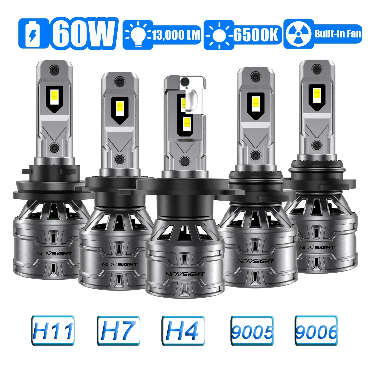 NOVSIGHT H4 H7 H11 9005 9006 Super Bright Car LED Headlight Lamps Bulbs 60W 13000LM 6500K With Fan Mini Size 1:1 9-32V 12V