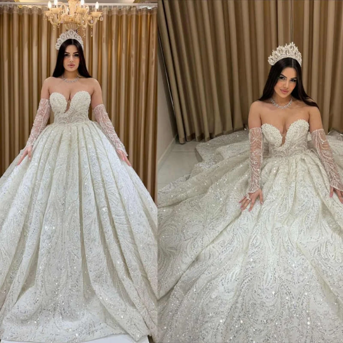 

Customized Wedding Dresses Sleeveless Sweetheart Ball Gown Lace Beading Crystal Sweep Train Bridal Gowns Vestidos De Novia