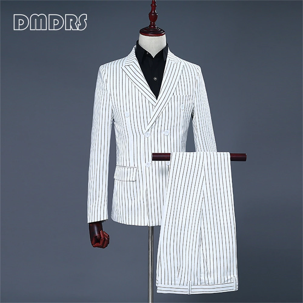 High Quality Strips Men's 2 Pieces Suit Set Classy Gentleman Suits Blazer Pants Set Plus Size Slim Fitting Wedding Party Wear