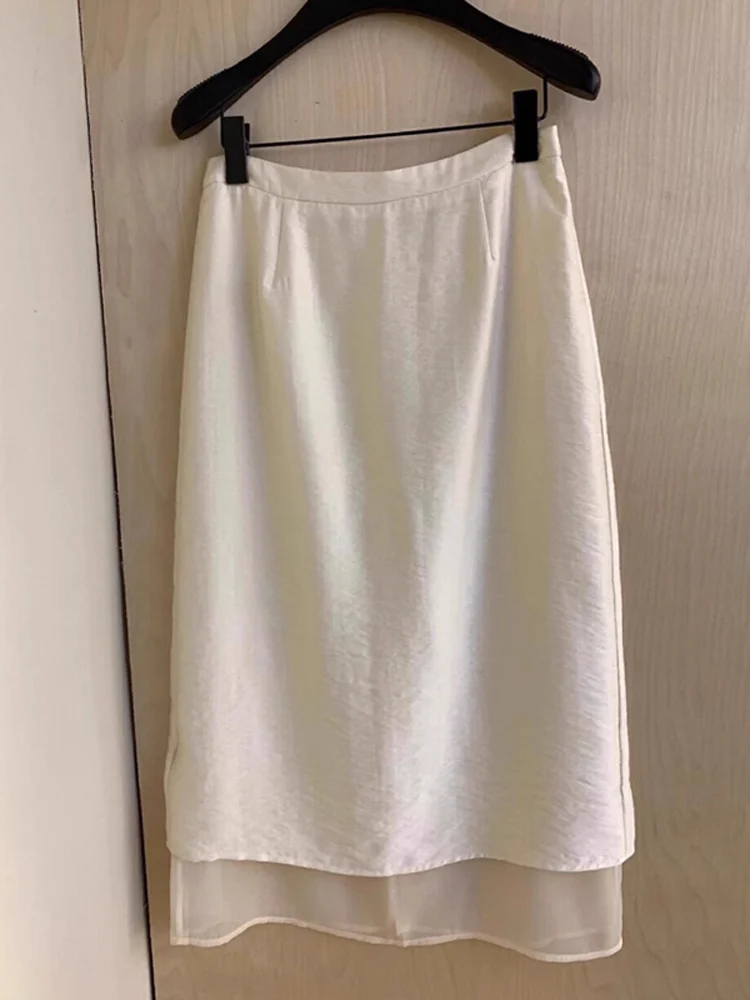 

High-End Guangzhou Thirteen Rows White Satin f-Length Skirt Women's Summer High Waist Slimming Gown Korean Sle Commute