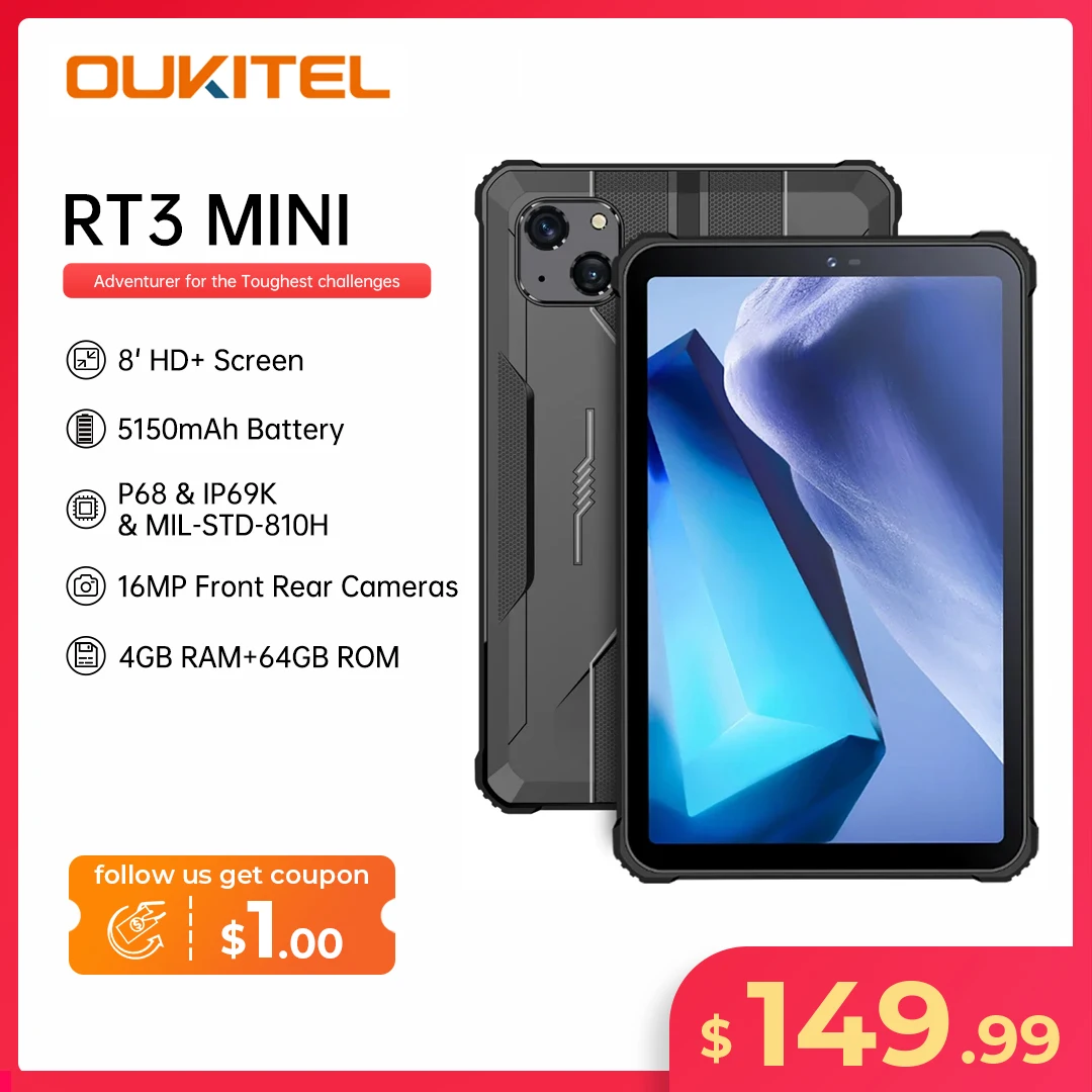 Oukitel RT3 Mini Rugged Tablet 8 Inch HD+ 5150 mAh 4GB+64GB Android 12 Mtk Helio P22 16MP Camera Pad