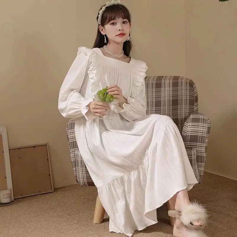 Lace Women Nightgown Korean Sleepwear Square Collar Nightwear Solid One Piece Pajamas Ruffles Autumn Sleeping Night Dress New