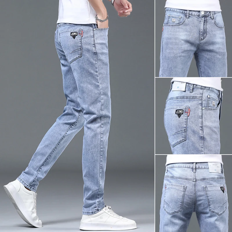 Light Wash Men's Jeans Summer Elastic Straight Leg Slim Fit Casual Long Pants Trendy Brand Breathable Comfortable Stretchy