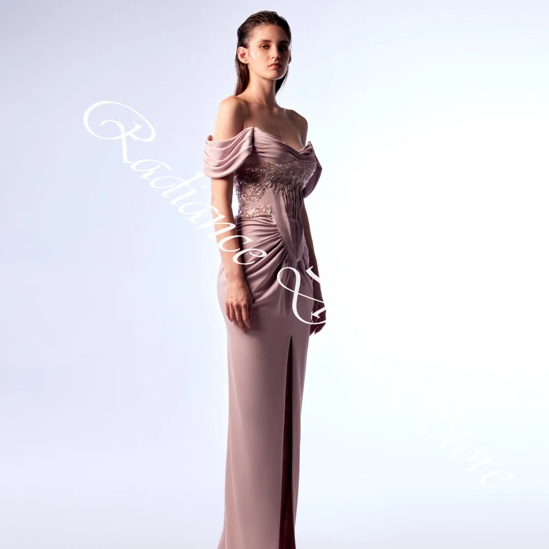 فساتين سهرة مخصصة رائعة من الجيرسيه مستقيمة قبالة الكتف مطرزة بدون حمالات وأكمام قصيرة وسحاب خلفي #5