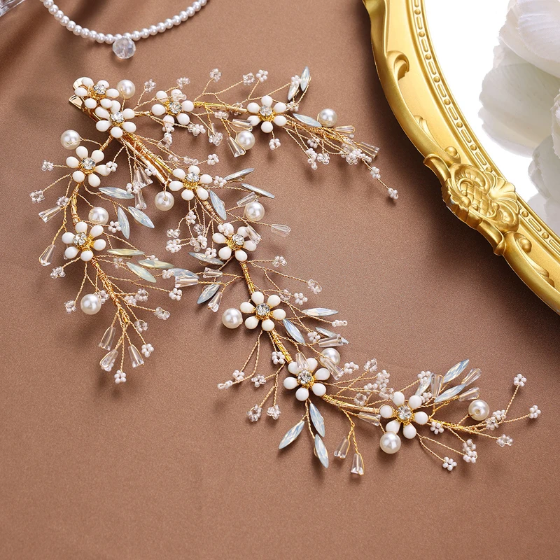 handmade gold color flower bridal headpiece opal pearl vine for women wedding hair clip accessories