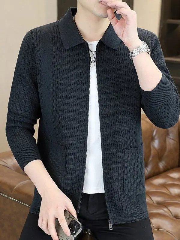 

Мужской повседневный вязаный свитер-куртка на молнии с длинным рукавом и воротником, однотонный, молодежный, из полиэстера, весенний, стандартный крой