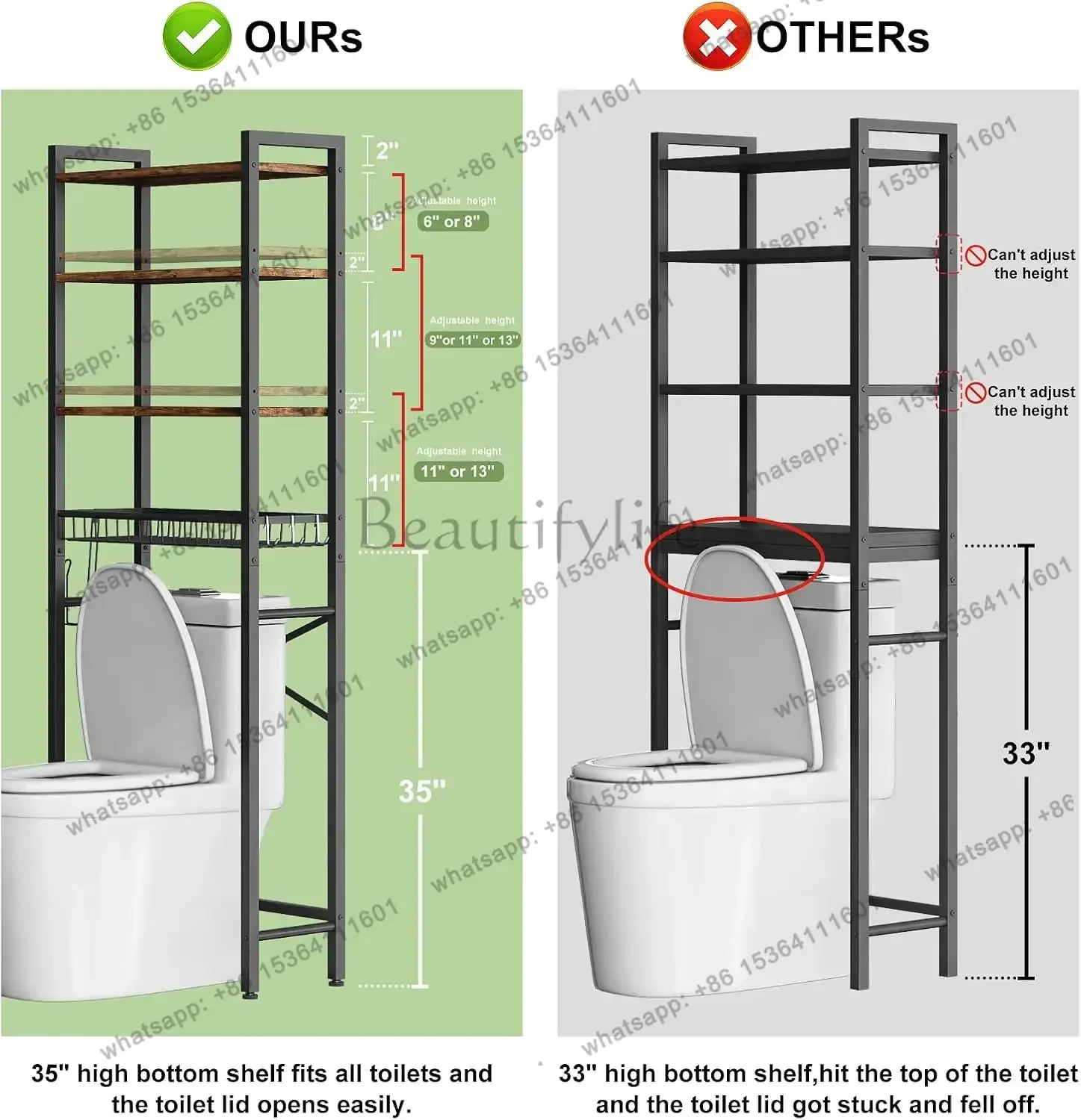 Factory Direct Over-The-Toilet Storage Rack, 4-Tier Bathroom Organizer Shelf Over Toilet With Adjustable Shelf And Basket, , Cus