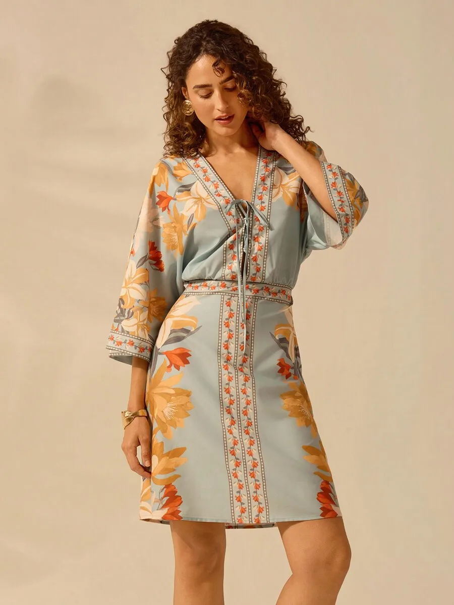 Womens Bohemian Tropical Floral Print Deep V-Neck Tie-Waist Batwing Sleeve Smock Mini Dress, Casual Beach Holiday Dress