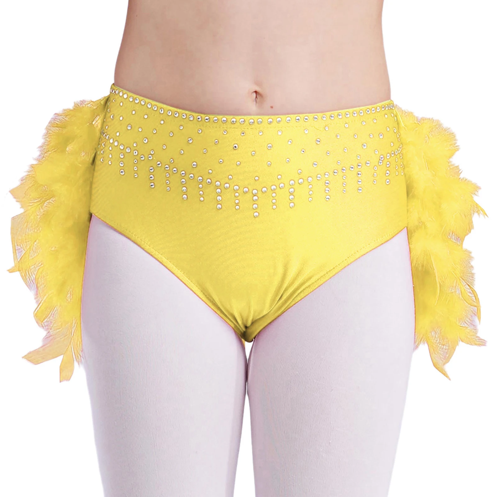 Kids Girls Ballet Dance Shorts Briefs Latin Cha-cha Gymnastics Skating Performance Costume Shiny Rhinestones Feather Bottoms