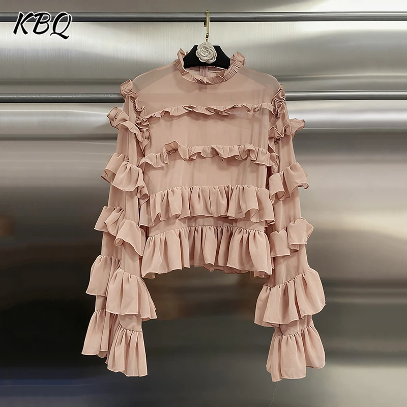 

KBQ Solid Spliced Ruffles Loose Casual Blouse for Women Round Neck Long Sleeve Temperament Chic Shirt Female Fashion Style New