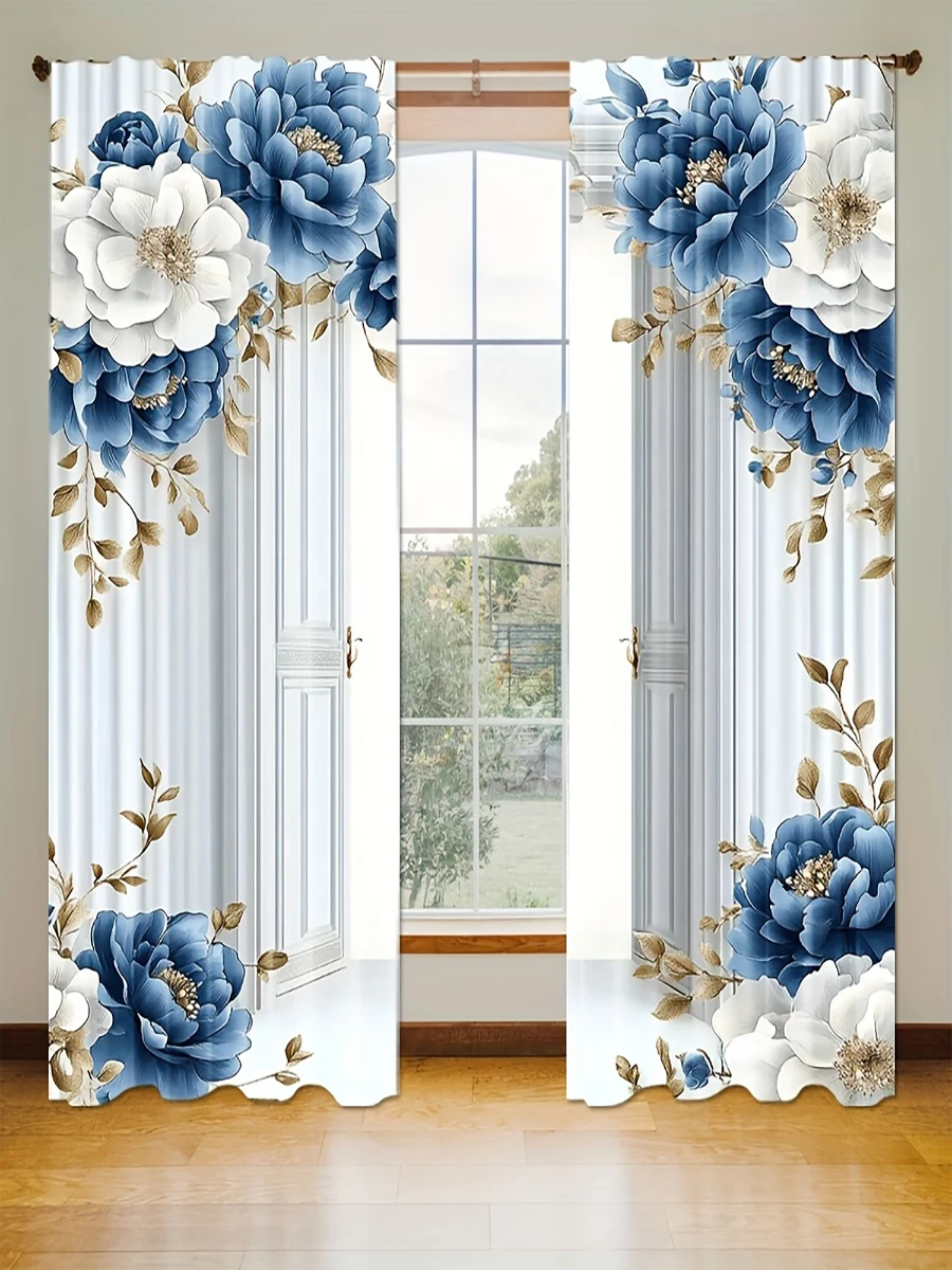 2PCS Digital Printed Curtains, 3D Fake Door Blue Peony Gold Leaf Pattern, Elegant Luxury Modern Style for Living Room Decor