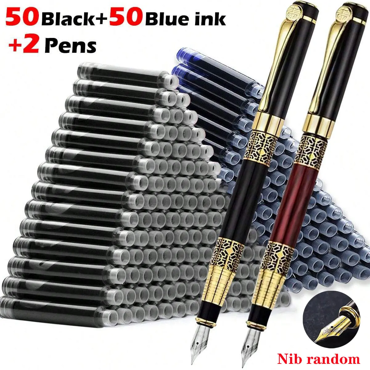 100Pcs/Set Retro Metal Fountain Pen Replaceable Ink Elegant Gift for Writing Stationery Office School Supplies