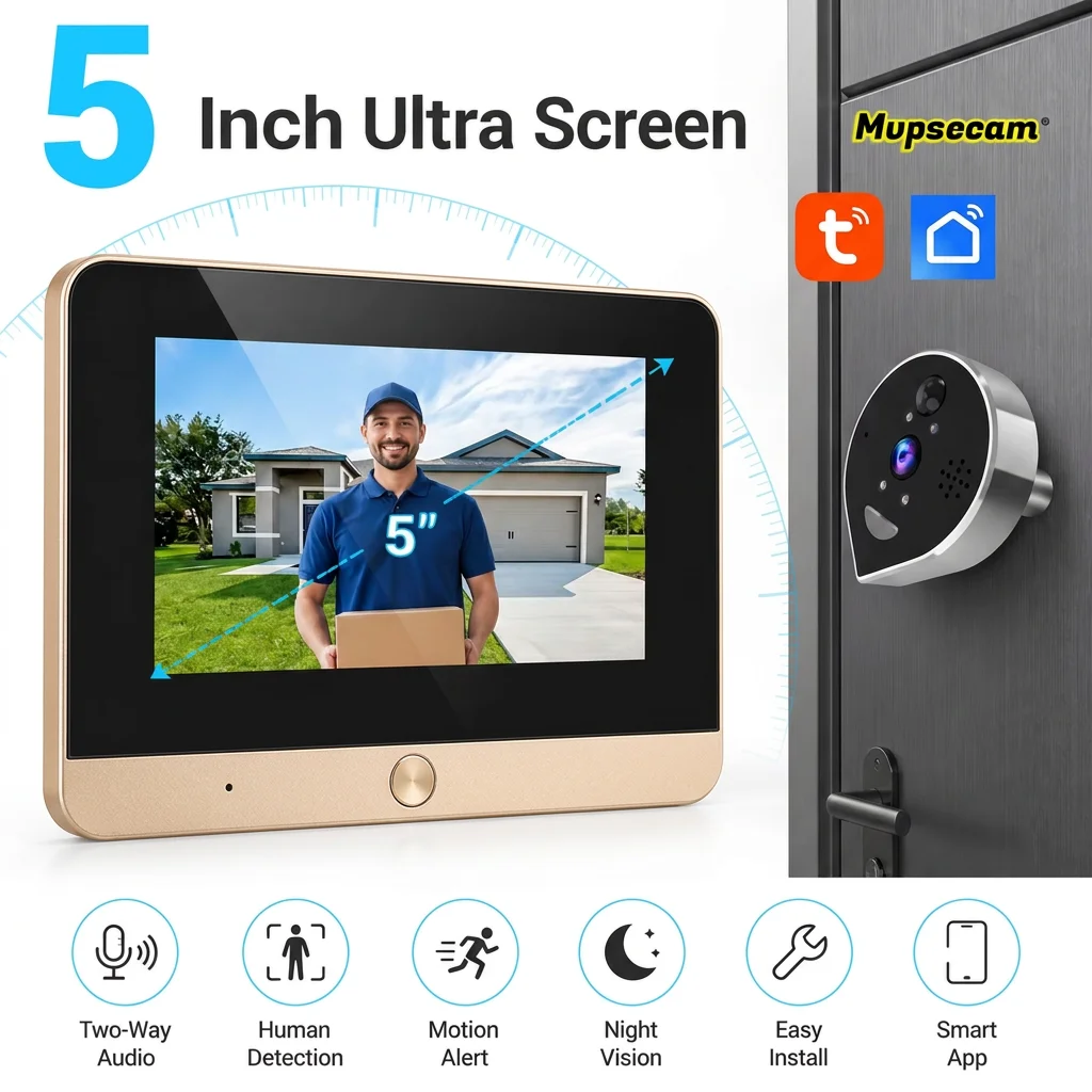 5MP Smart Life Mini Peephole Viewer 5inch Digital Screen Wifi 940nm IR Microwave Radar Motion Detection Door Camera with Battery