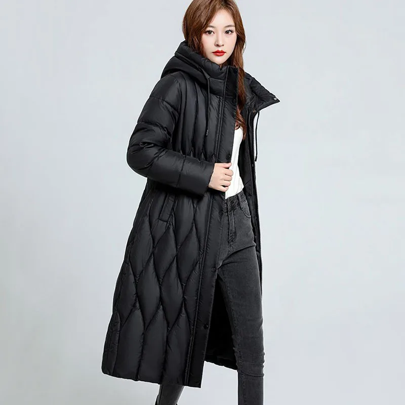 New Oversized Women\'s Down Cotton Coat Winter Cold Warm Padded Jacket Long Female Casual Hooded Parker Cotton Clothes Black 7XL