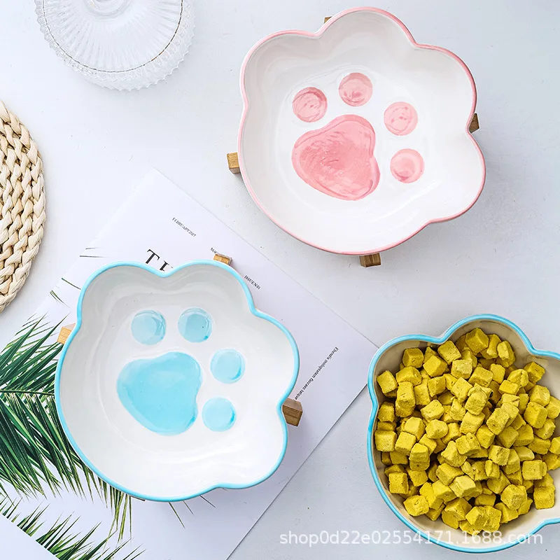 Pet Drinking Bowl Cat Paw Shape Pet Ceramic Bowl with Bamboo Stand Cat Bowl Dog Bowl Food Container Cat and Dog Feeding Supplies