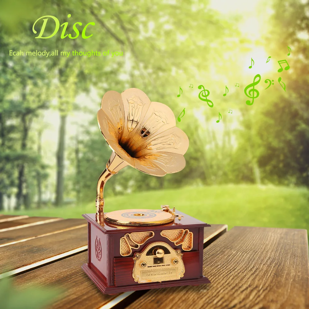 Phonograph Music Box Creative Retro Musical Box Exquisite Manual Classic Antique Wooden Eco-friendly for Friends Kids Boys Girls