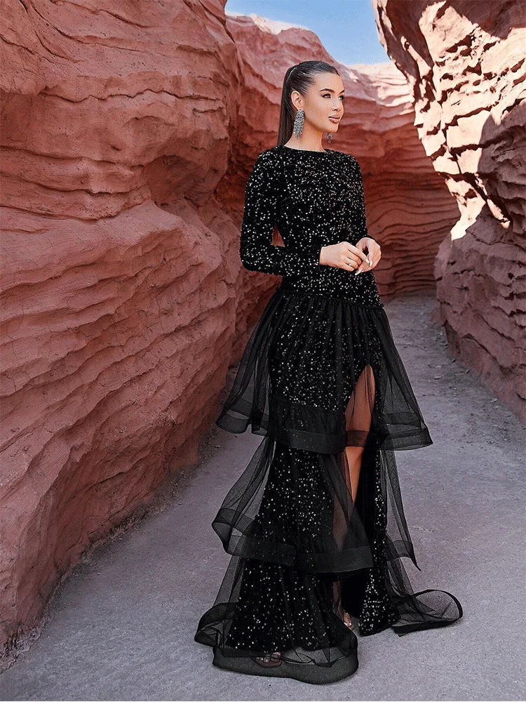 Round Neck Black Sequins Shiny Long Sleeves Banquet Evening Dress Women Autumn And Winter Long Sleeves Banquet Prom Dress