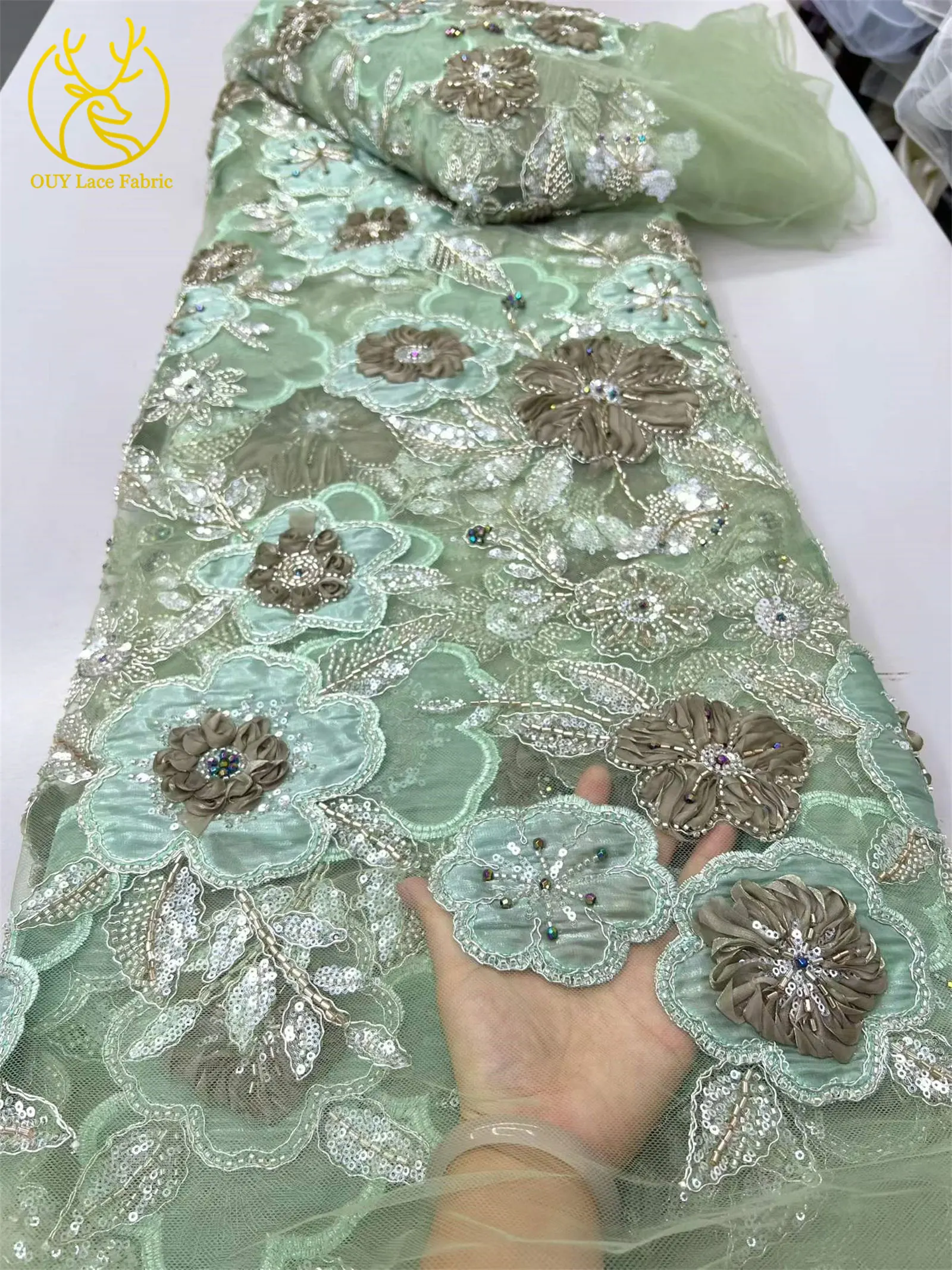 Afrikanischer Pailletten-Perlen-Spitzenstoff, hochwertiger nigerianischer französischer 3D-Blumen-Spitzenstoff für Kleidung, DIY, handgefertigter Stoff, 5 Yards – Detail 12
