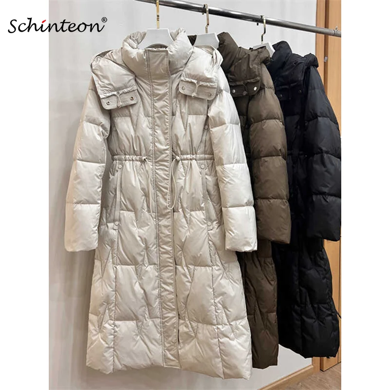 Schinteon Women White Duck Down Long Jacket Casual Slim Autumn Winter Outwear with Hood Warm Thick Coat 2025 New Korean Style