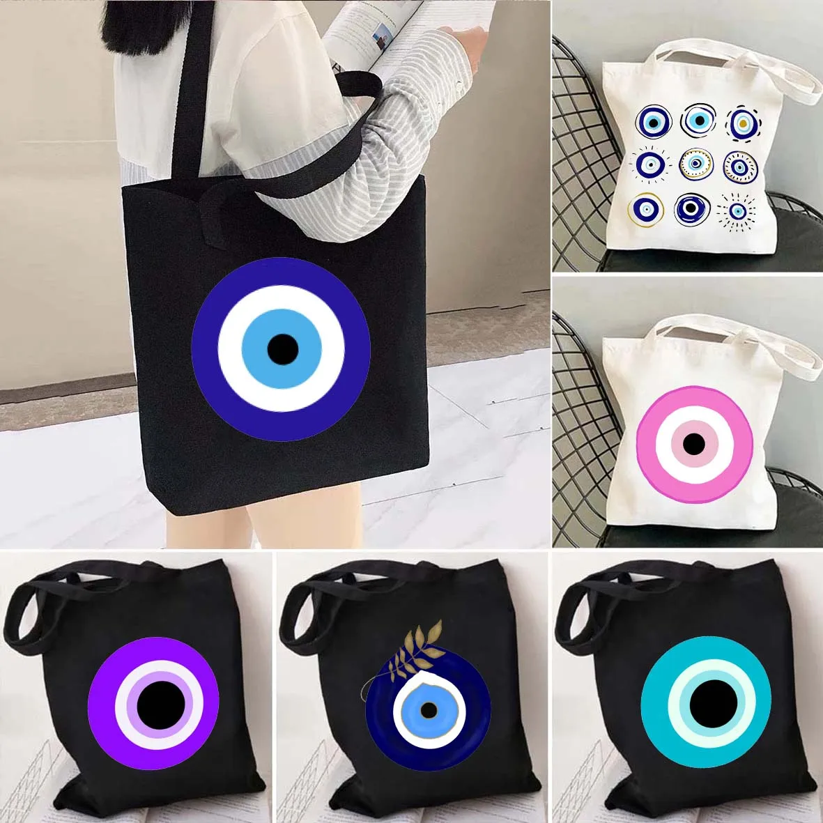 

Colorful Evil Eye Charm Circles Greek Graffiti Sun Flower Men Women Canvas Shoulder Tote Bag Shopping Handbags Grocery Beach Bag