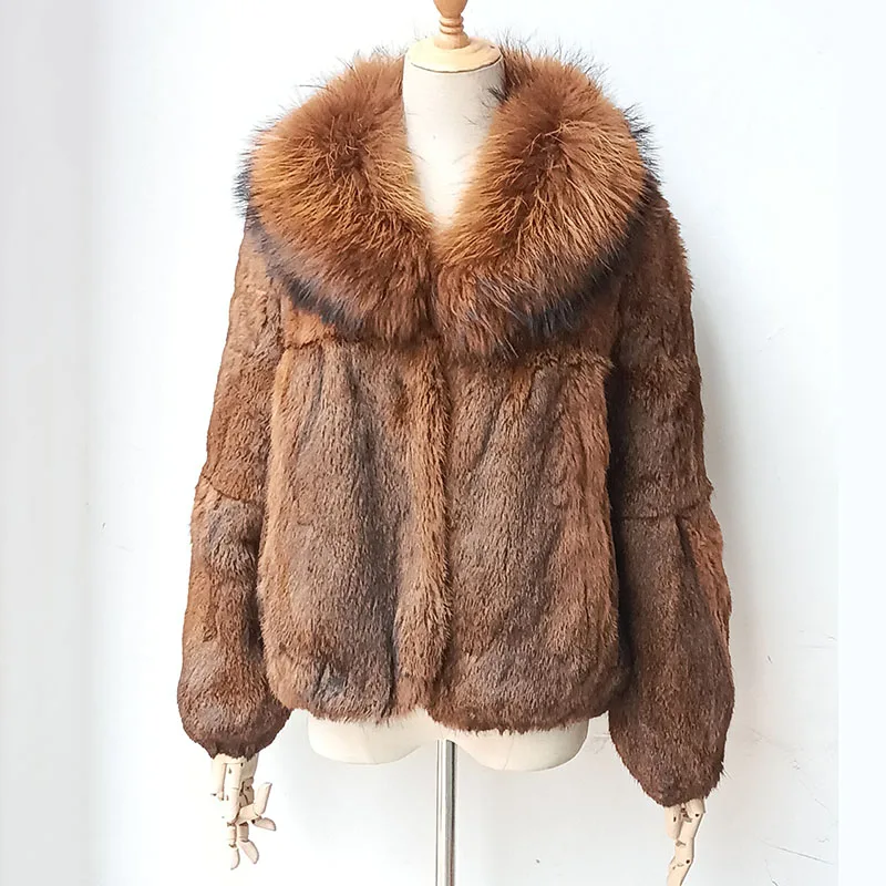 2023 Winter Real Rabbit Fur Coat With Raccoon Fur Collar Fashion Genuine Fur Jacket Long Sleeve Warm Real Fur Outwear