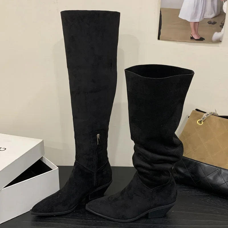 

Aneikeh/зимние сапоги выше колена в стиле ретро с острым носком, длинные ботильоны до бедра, женские туфли на квадратном низком каблуке на молнии