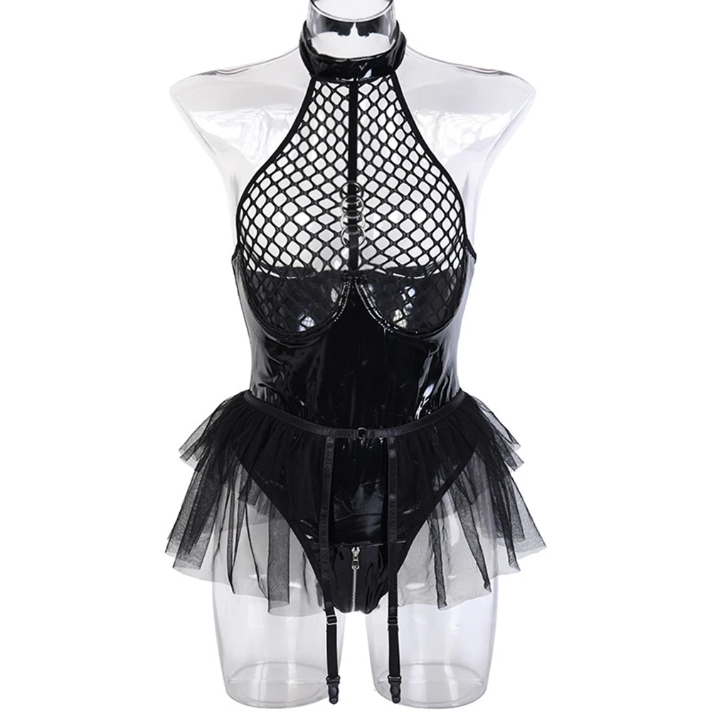 

Nightwear Women Bodysuit Club Daily Lingerie Set PU Leather +Mesh Sexy Slight Strech Solid Color Wet Look Clubwear