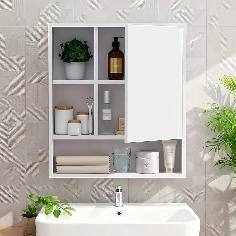 Botiquín con Espejo para Baño, Mueble Organizador Flotante Blanco, Armario para Toallas, Armario de Pared con Almacenamiento y Estantes