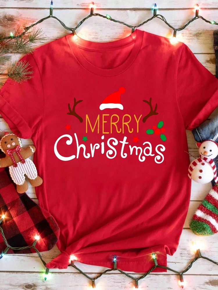 Funny Letter Printed Merry Christmas Women T Shirt Harajuku 90s Girls Christmas T-shirt Red Suitable All Seasons Tshirt Tops