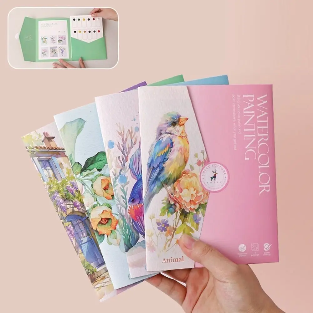 6-Page Foldable Watercolor Painting Kit High-Quality Paper 12 Colors Watercolor Sketchbook Various Designs With Painting Brush