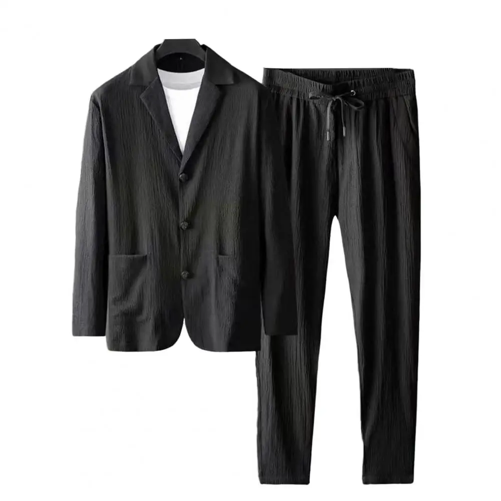 Spring Summer Men Blazer Pants Long Sleeve Stripe Pleats Jacket Drawstring Pants Casual Suit Korean Slim Two-piece Set