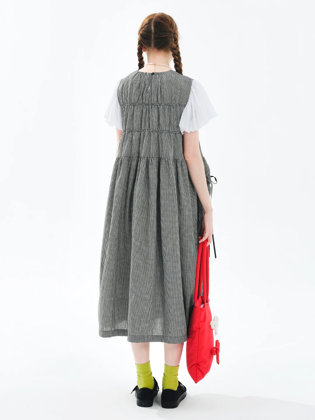 imakokoni 202 summer new item fake two piece bubble sleeve pure cotton plaid loose dress 244654