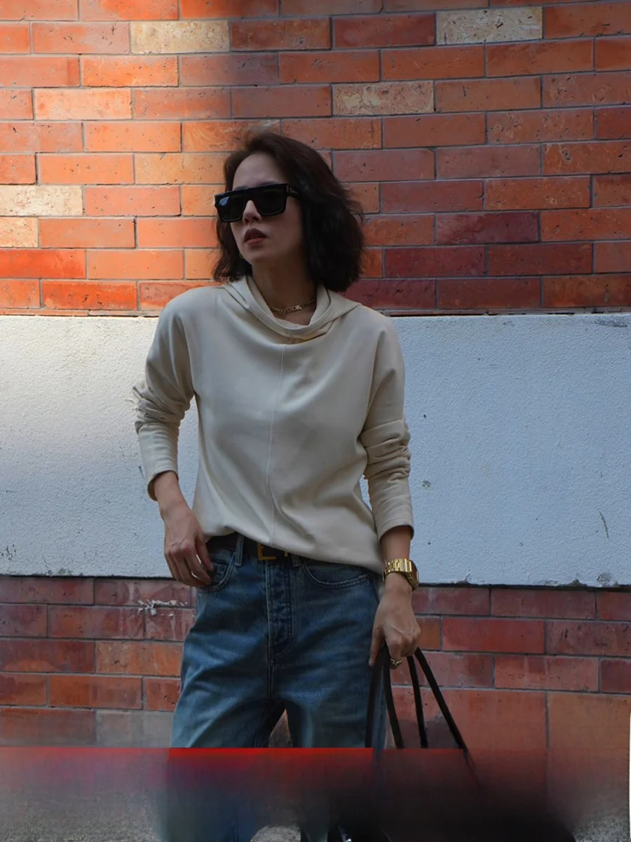 

Современная женская толстовка с длинным рукавом, цвет абрикосовый, осень-зима, новая повседневная модель для города, однотонная, из чистого хлопка.