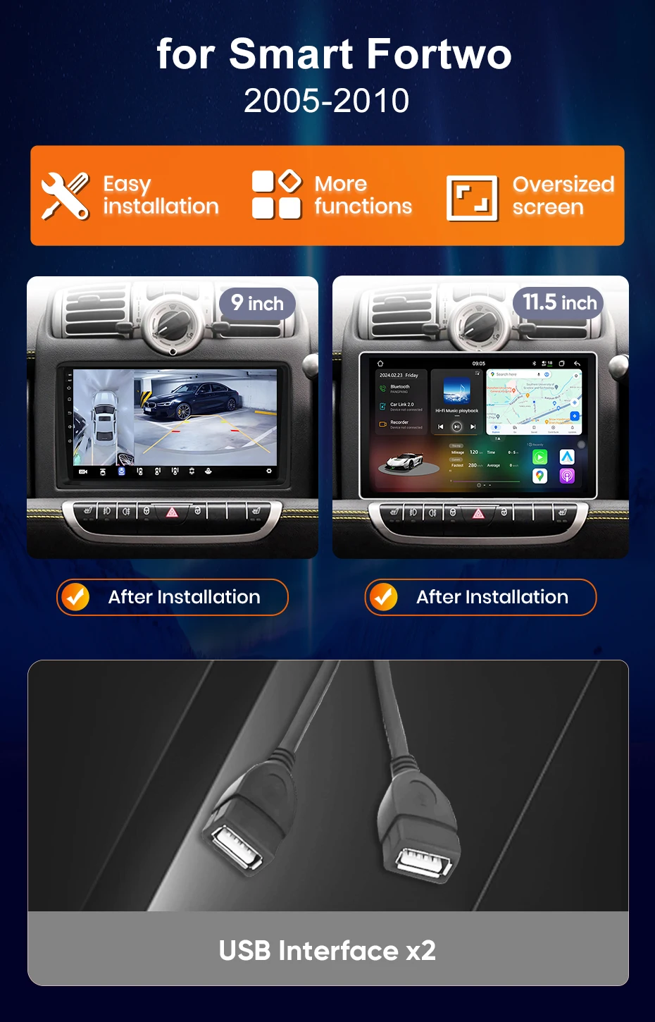 Junsun Kabelloses CarPlay Android Auto Autoradio für Benz Smart Fortwo W451 2005-2015 Multimedia GPS Navigation SWC RDS 4G Wifi Intelligente Fahrzeugsysteme – Detail 1