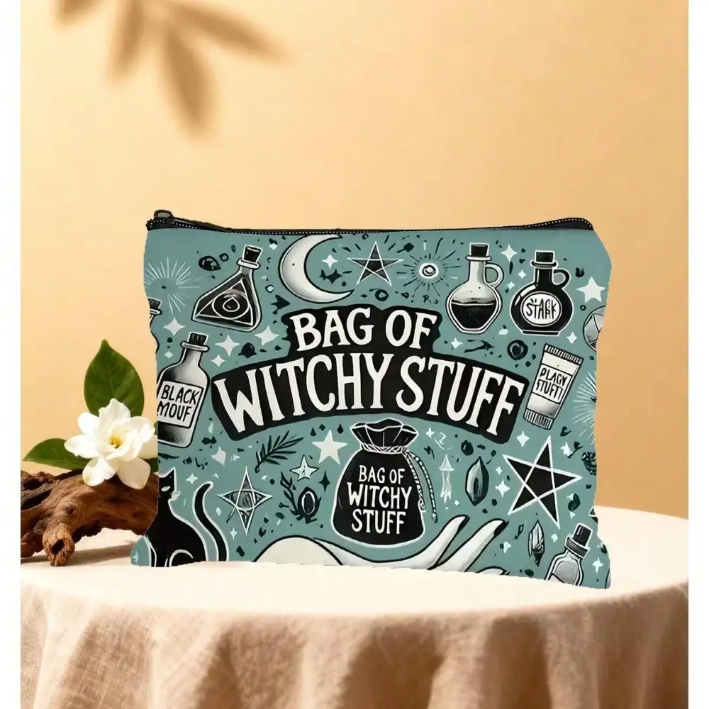 

Mystical Witchy Makeup Bag - Lightweight Zippered Cosmetic Pouch With Double-Sided Witch-Themed Print, Witchy Vibes, Crescent
