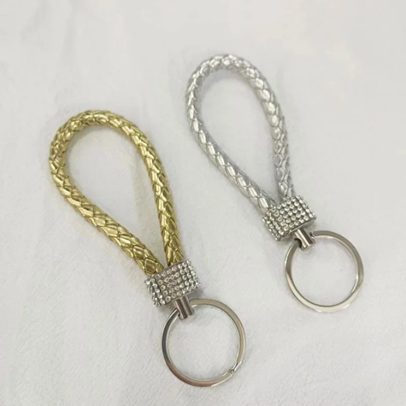 PU Leather Braided Woven Rope Keychain For Women Rhinestones Wrist Strap Key Chains DIY Car Bag Pendant Keyring Jewelry Gift
