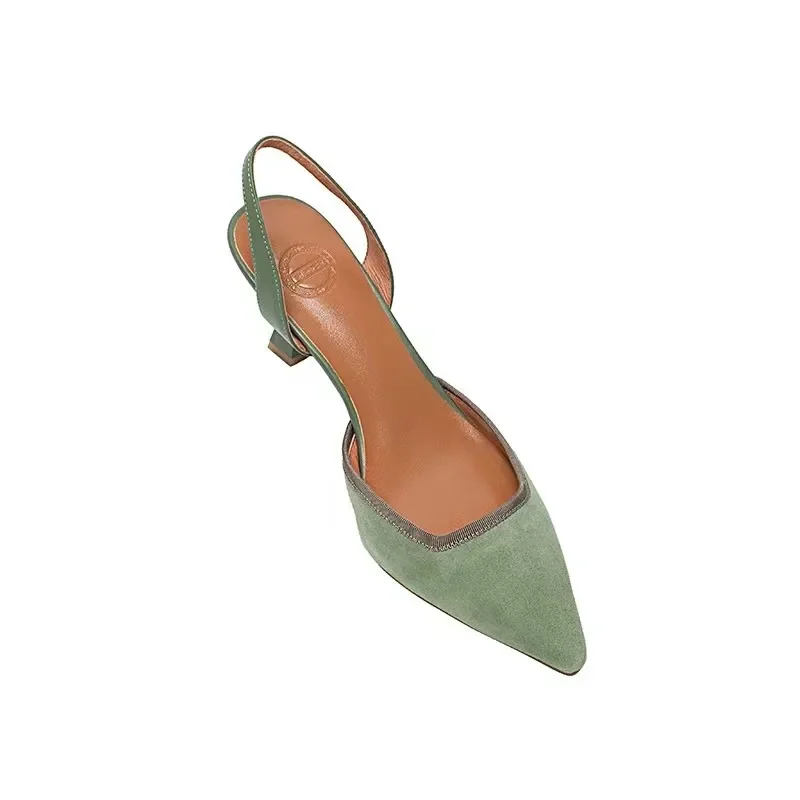 2024 Spring Summer Closed Toe Sandals Women French Slingback Suede Leather Women Shoes Pointed Toe High Heels Green Single Shoes