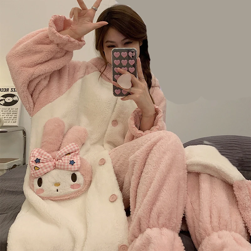 

Lady's Winter Thin Nightgown Suit Length To Shank Polyester Warm Comfortable Pink Rabbit Leisure Wear With A Long Ear And Bow