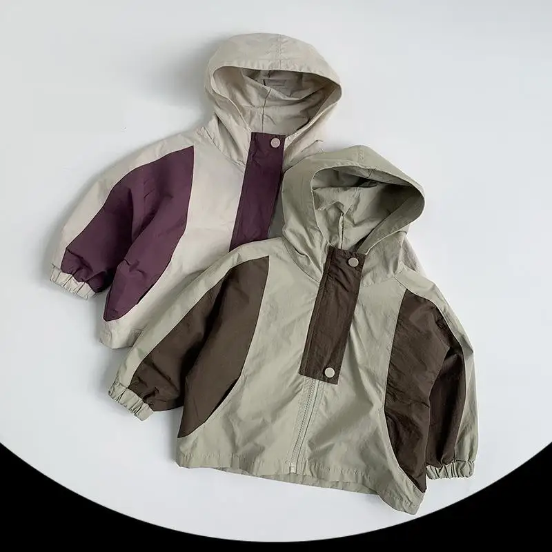 2026 Spring New Children Patchwork Hooded Coat Boys Girls Long Sleeve Casual Jacket Baby Loose Zipper Coat Kids Clothes