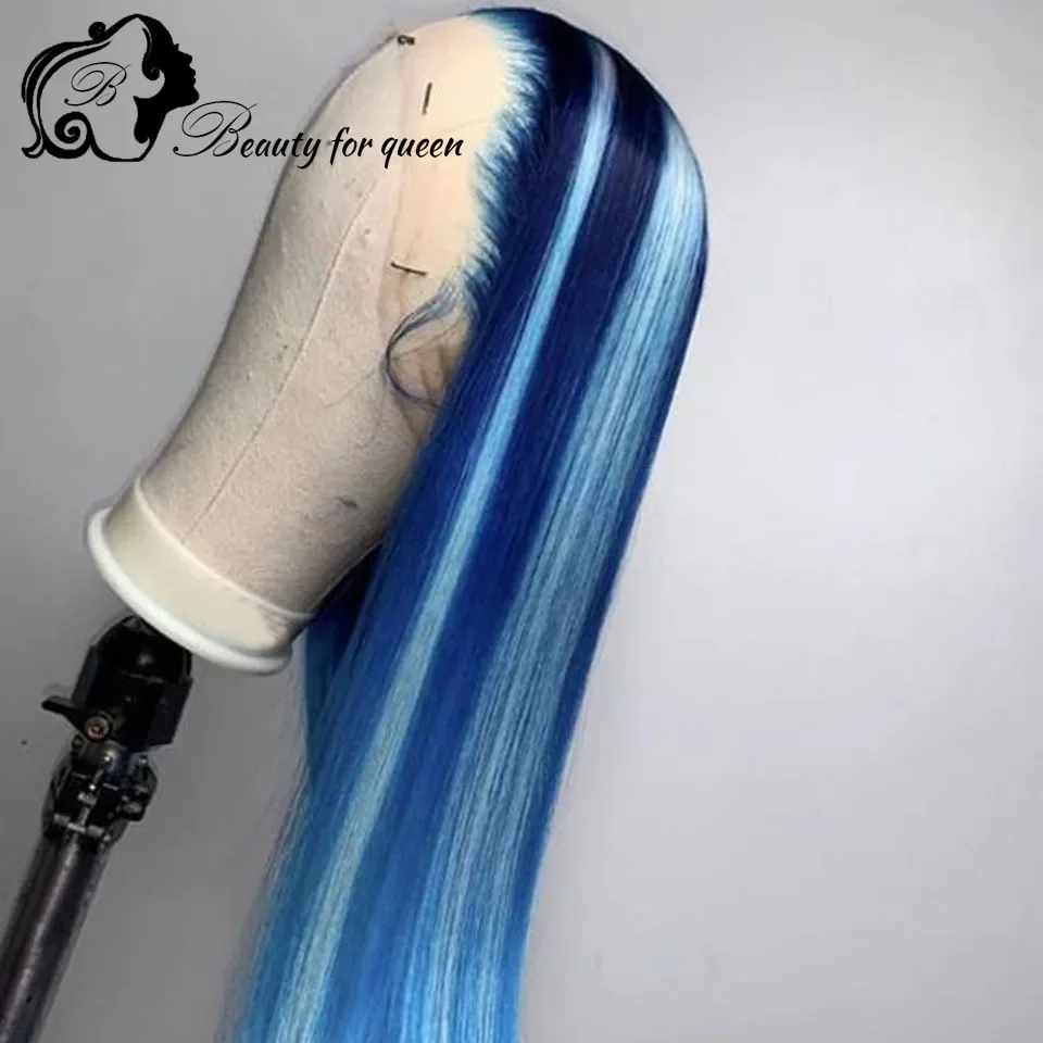 Wig Rambut Asli Biru Model Lace Front Untuk Wanita, Wig Lurus Densitas 180%, Wig Rambut Asli 100%, Sangat Nyaman Dipakai Saat Belanja